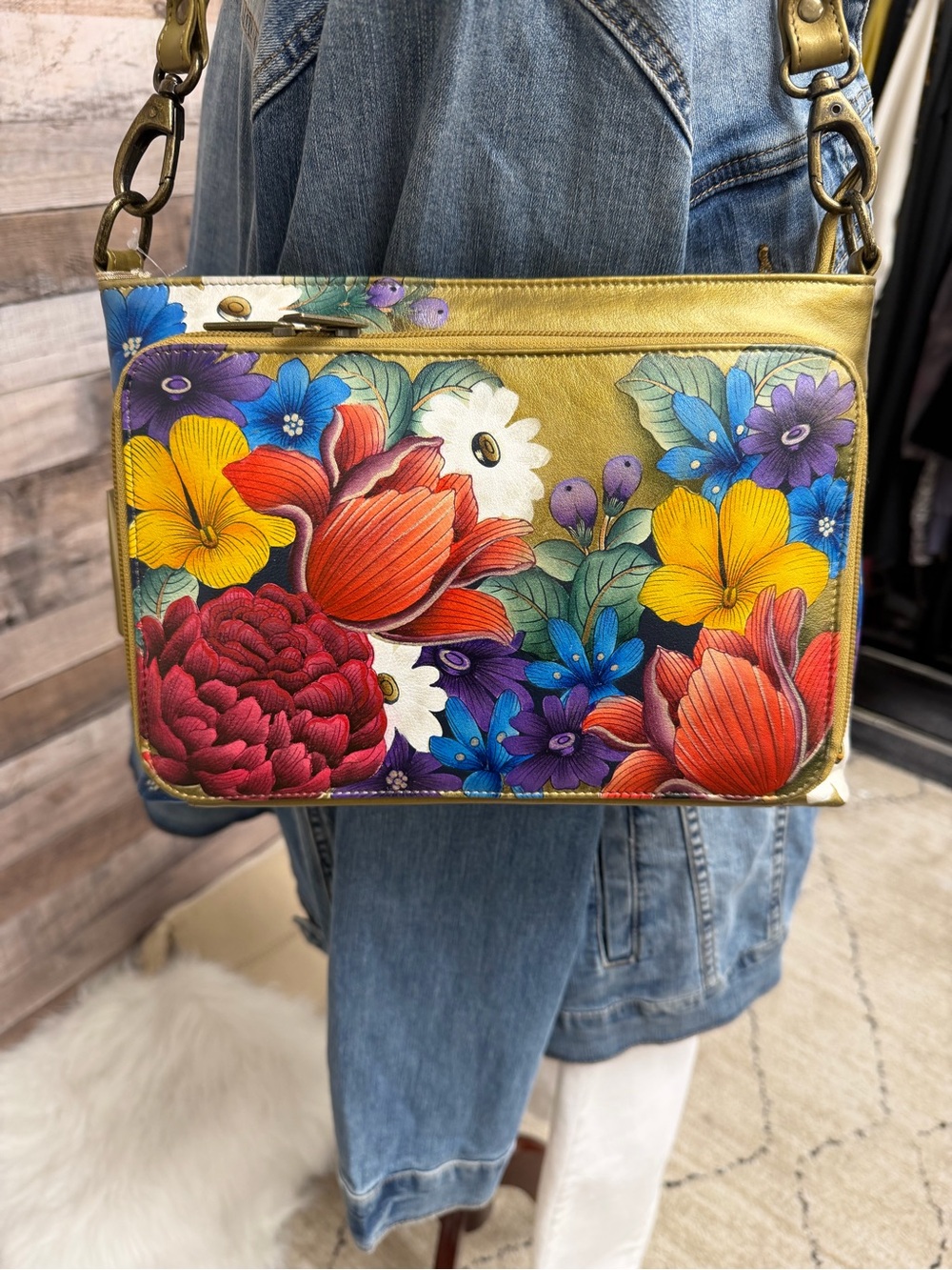Anuschka Gold Metallic w/Multi Color Floral Shoulder